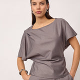 JoveCC Check Pleat Blouse - Light Grey