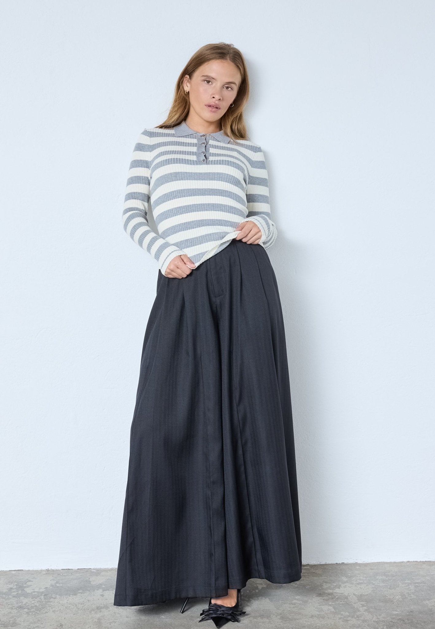 BonnyCC Stripe L/S Polo Knit - Light Grey - Co'couture